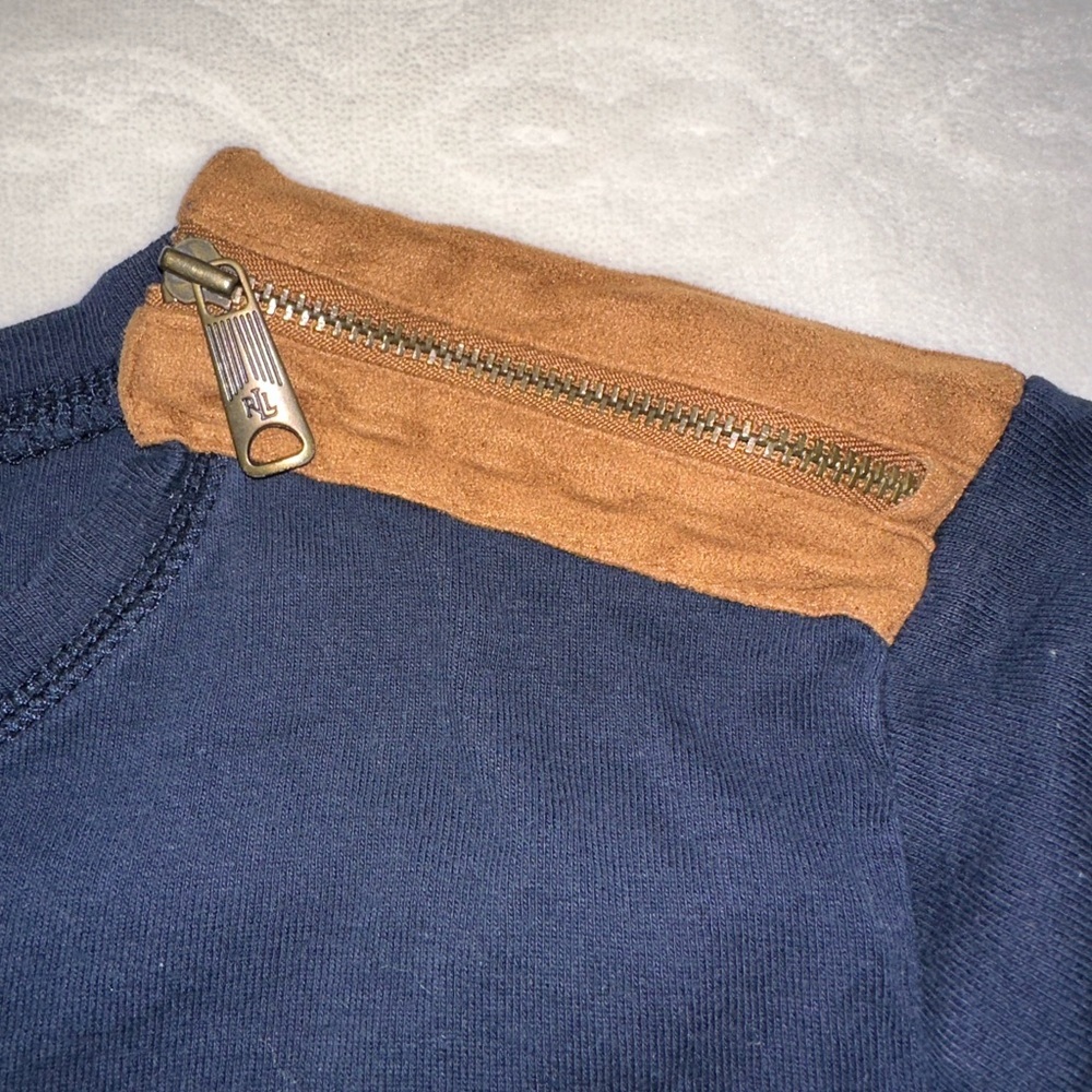 Lauren Ralph Lauren Long Sleeve Top Navy Blue with Brown Elbow‎ Patches LG - Picture 5 of 7